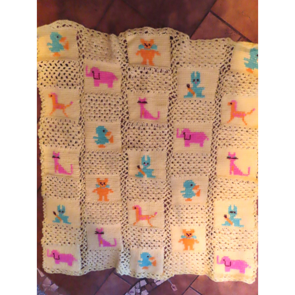 VTG Handmade CROCHETED Lap Quilt Throw Yellow Baby Infant 44" square